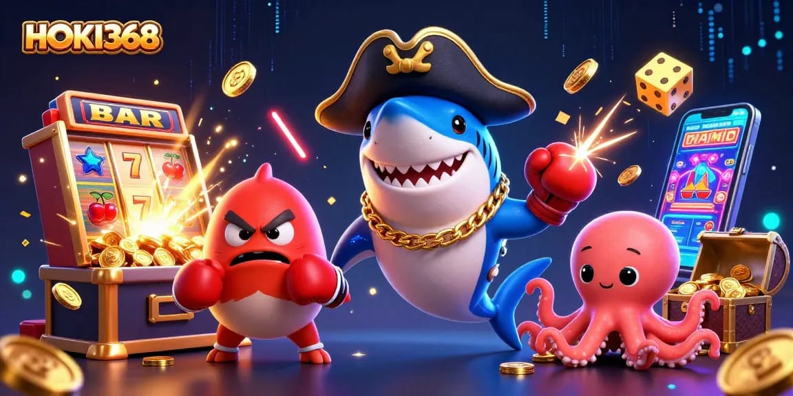 Experience HOKI368 with an exciting colorful illustration of characters and casino elements.