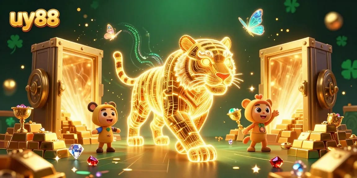 Experience thrilling gaming with uy88's dazzling neon-tiger casino illustration featuring golden treasures and vibrant gameplay.