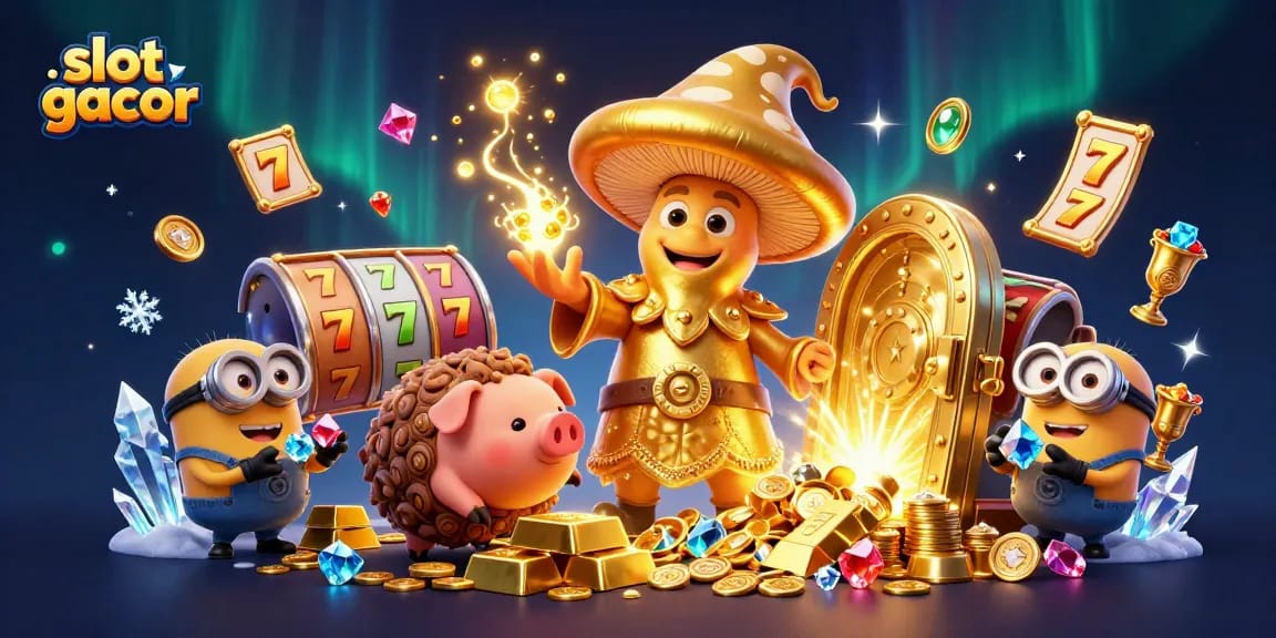 Sebarkan slot gacor dengan ilustrasi 3D penyihir cendawan emas, babi harta, dan permata berkilau.