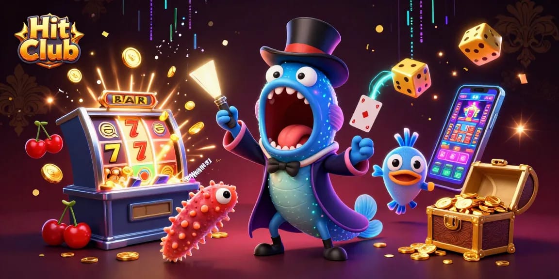Hit Club showcases a vibrant casino scene with eel performing magic tricks amidst slot machines and jackpots.
