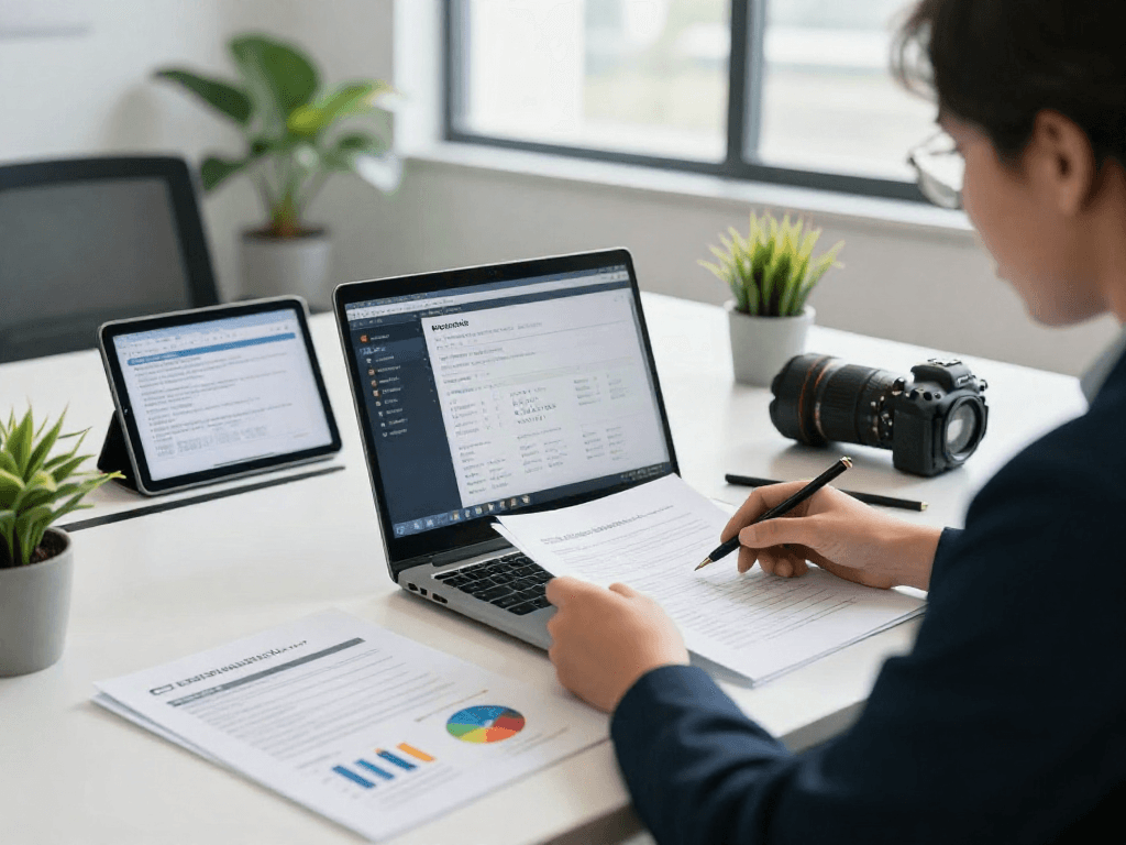 Document fraud detection analysis in a modern office setting with advanced software and printed reports.