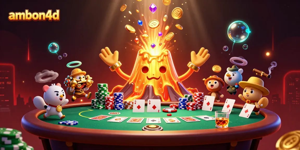 Experience ambon4d with a golden volcano erupting coins amidst poker elements in a vibrant 3D scene.