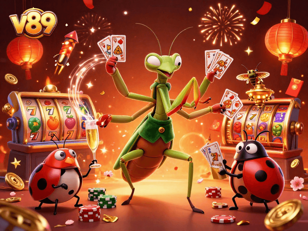 Permainan slot di v89 menghadirkan keseruan dengan mantis raksasa yang mengocok kartu dan pit boss ladybug!