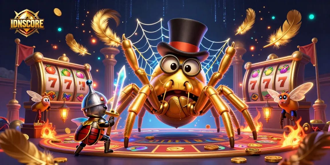 Experience the vibrant excitement of IDNSCORE through a captivating casino-themed illustration featuring dynamic characters and gambling elements