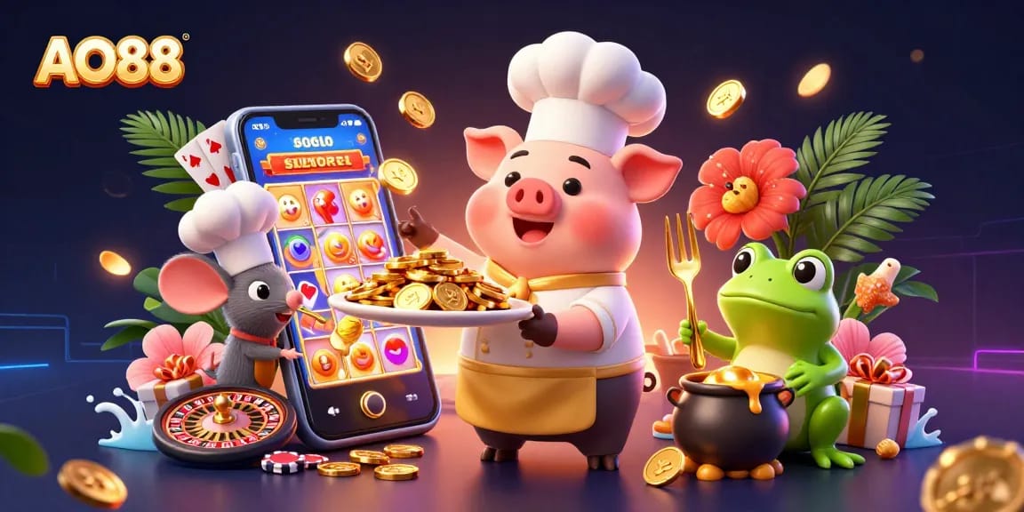 Engage with AO88’s vibrant 3D casino scene showcasing a chef pig, mouse, and frog among gaming elements.