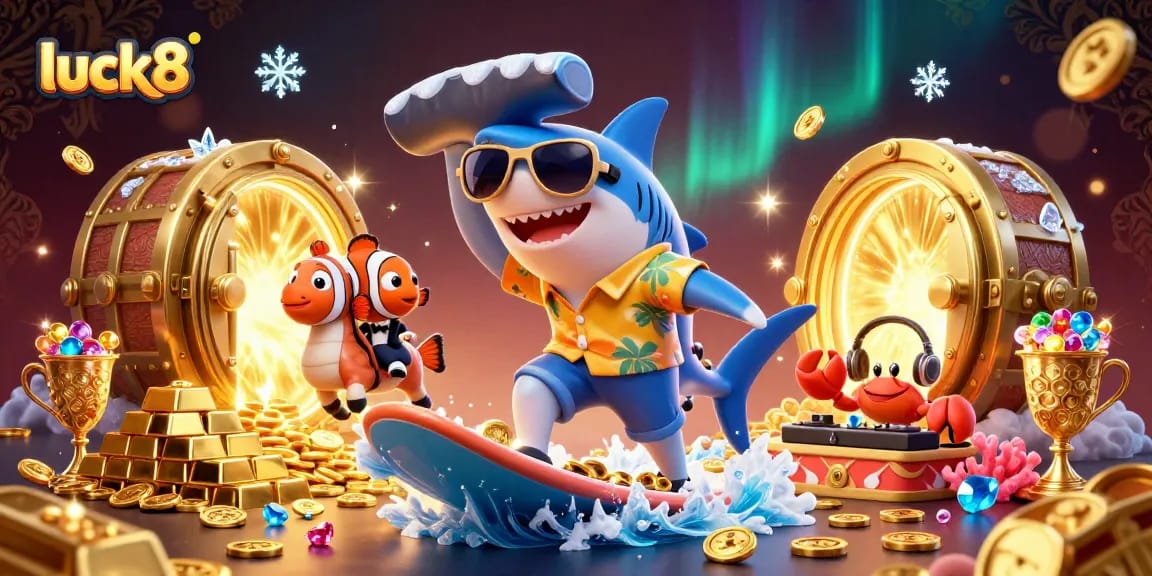 Experience the excitement of luck8 with a vibrant scene of casino-themed characters celebrating wealth and fun.