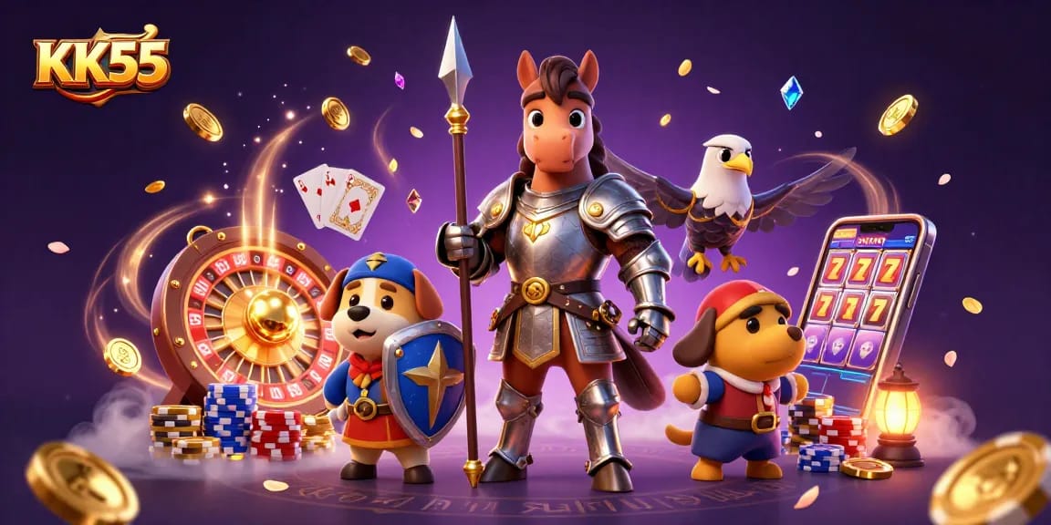 KK55 offers an thrilling experience with knight and puppy amid cascading coins and casino elements.