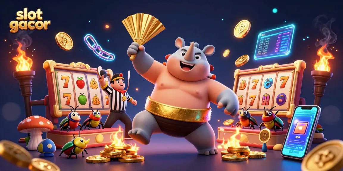 Experience the thrill of slot gacor with a dynamic wrestling beetle scene filled with gold coins and crypto