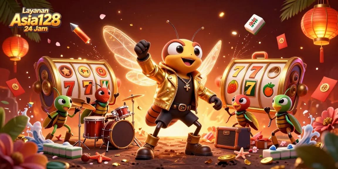 Experience Layanan Asia128 24 Jam with a vibrant scene of animated characters celebrating gaming success.