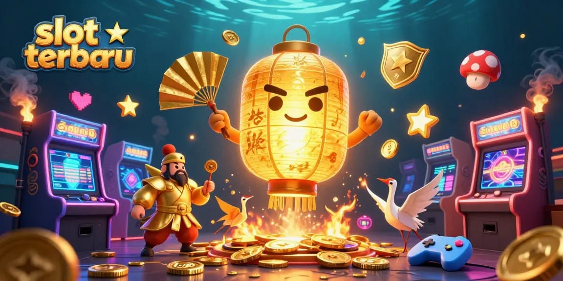 Experience the thrill of slot terbaru games in this vibrant 3D illustration featuring a giant golden lantern and arcade elements.