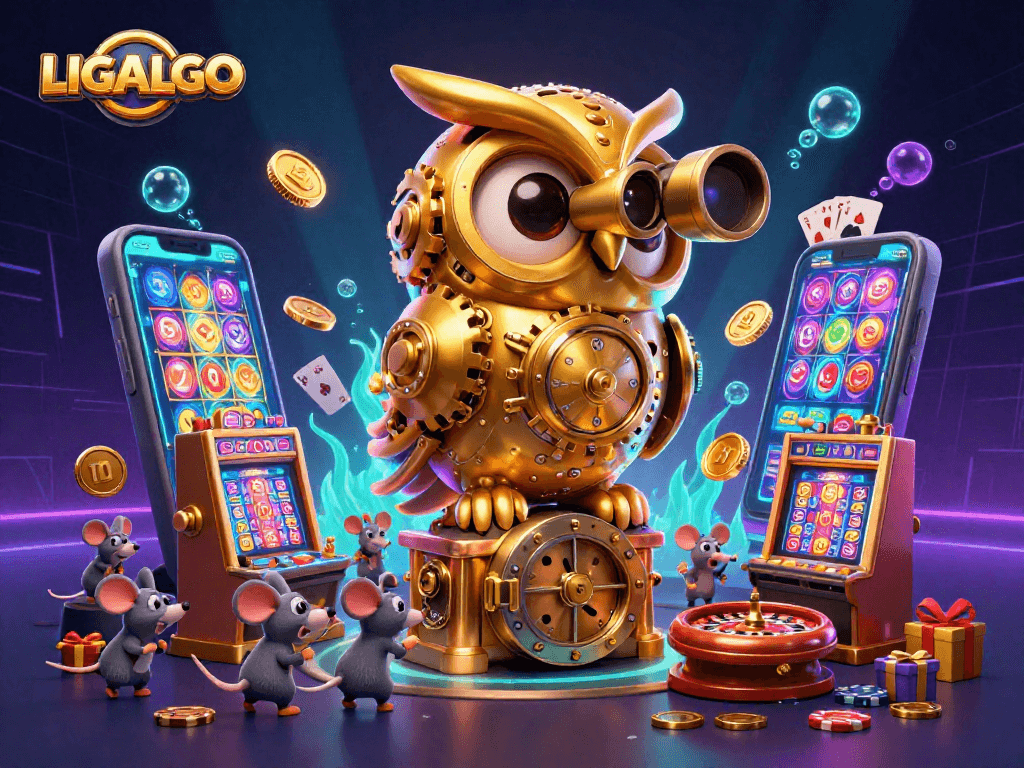 LIGALGO showcases a clockwork owl observing a vibrant casino with wind-up mouse patrons and dynamic gaming elements.