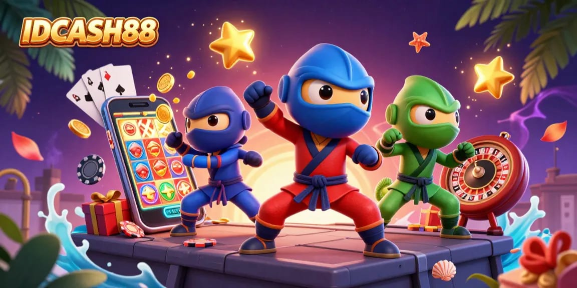 Experience thrilling wins with IDCASH88 in a vibrant casino scene featuring ninja chameleons and interactive slots.