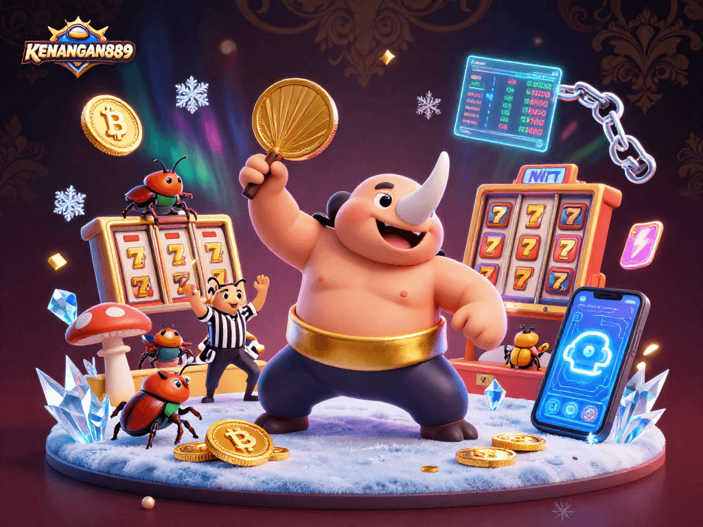 KENANGAN889 showcases a thrilling slot gaming action scene with vibrant characters and crypto elements.