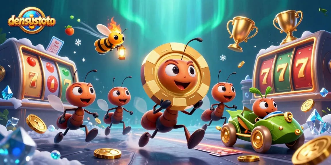 Menggunakan densustoto, ant-anteh 3D menjalankan pencurian dengan chip poker emas raksasa, dikelilingi simbol slot dan elemen kasino lainnya.