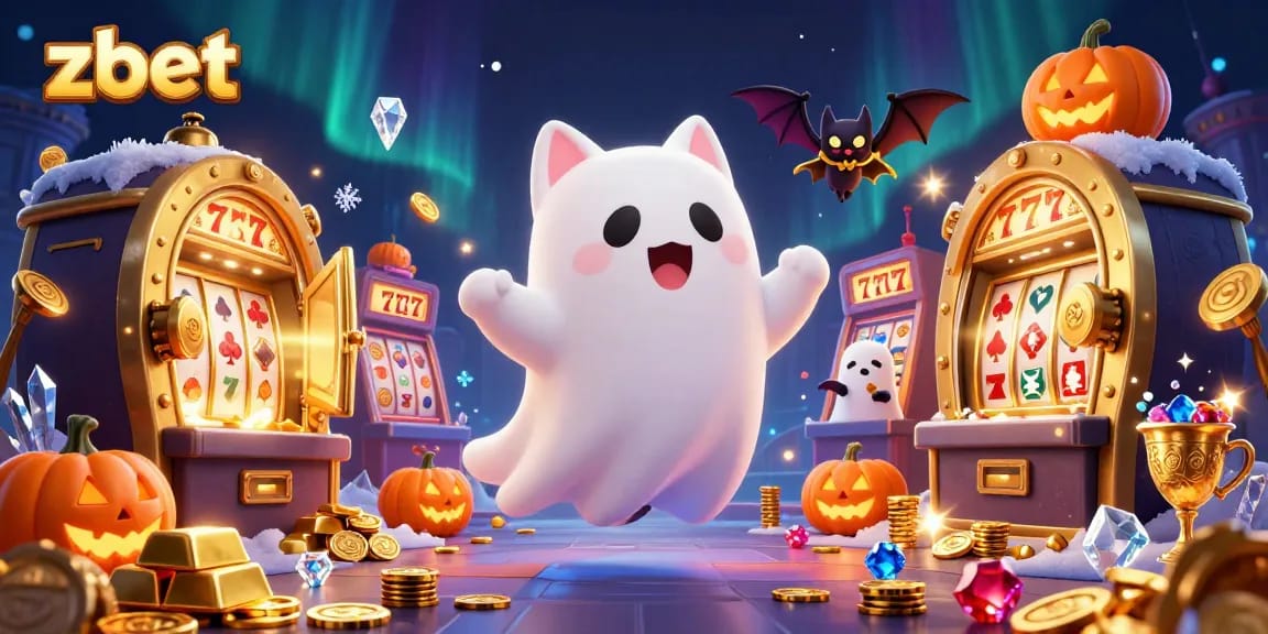 Experience the thrilling action at zbet with a playful ghost cat and vampire bat in a glowing casino scene.