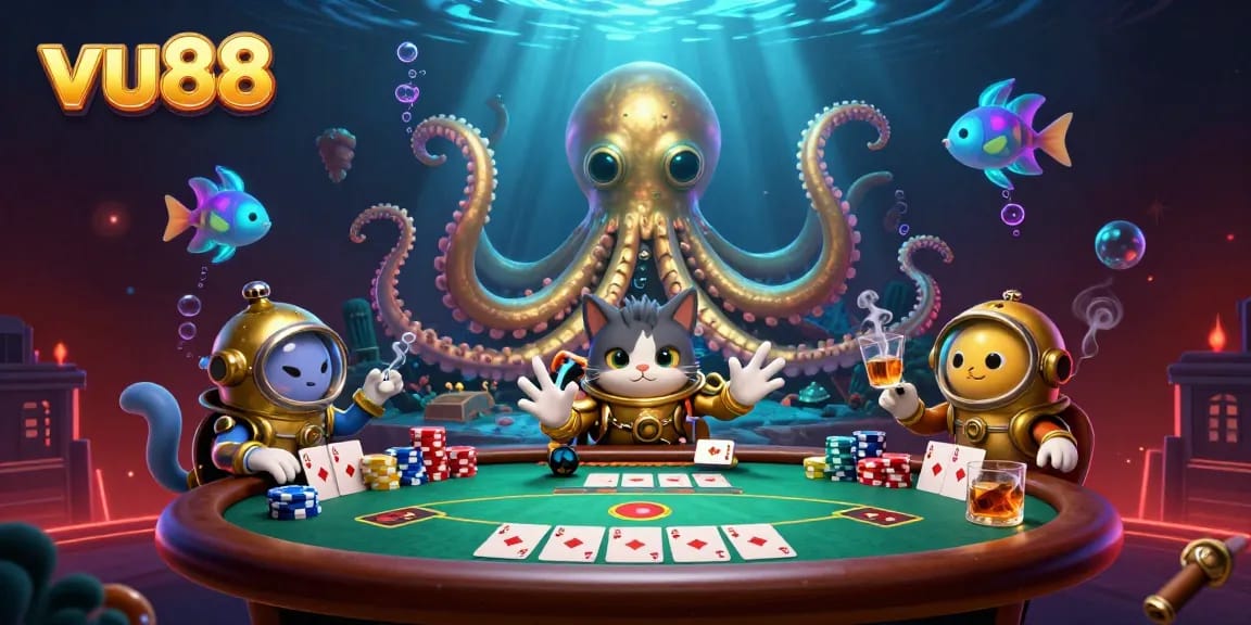Experience thrilling excitement with vu88's vibrant 3D casino scene featuring poker action and whimsical characters.