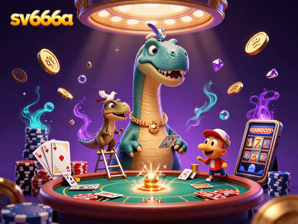 Engage in casino excitement with sv666a featuring a giant brontosaurus and clever raptor amidst casino games.