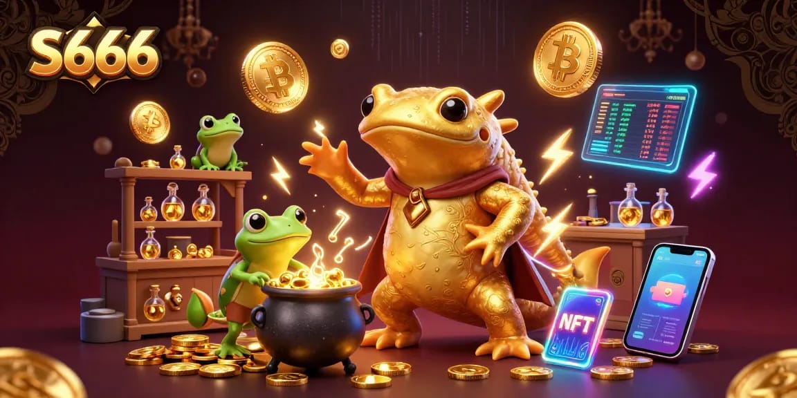 S666 transforms base metals into gold coins in a vibrant animated casino scene with crypto elements.
