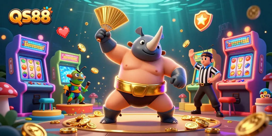 Engage in thrilling gameplay with QS88 where colorful arcade machines meet gold coins in an immersive casino experience.