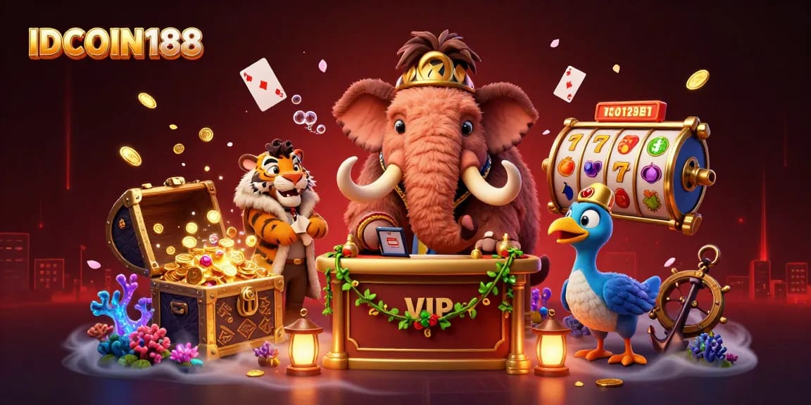 IDCOIN188 invites players to a vibrant casino scene featuring a woolly mammoth bouncer, VIP saber-tooth guest, and interactive elements.