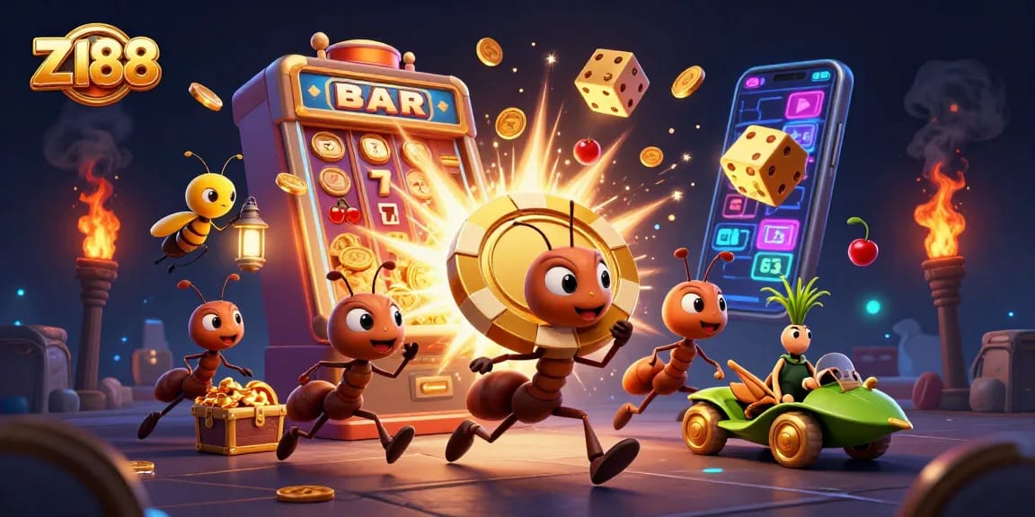 Z188 delivers thrilling casino adventures with an engaging heist scene featuring ants and gaming elements.