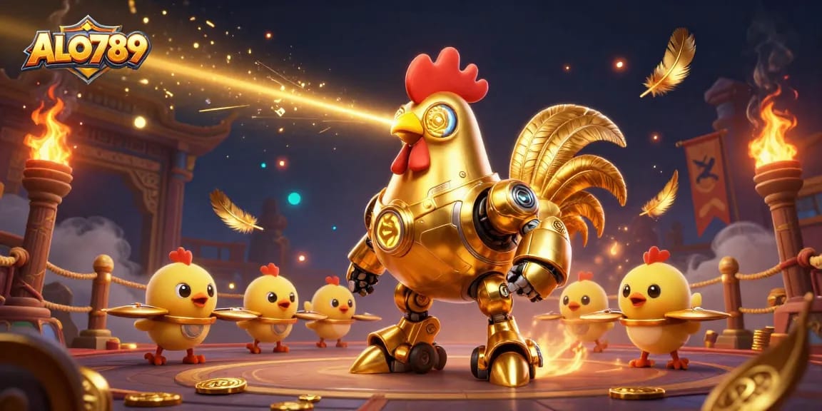 Engage in thrilling action at ALO789 with a golden rooster robot and chick drones in an Asian arena.