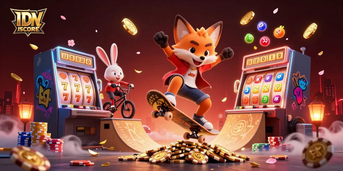 IDNSCORE showcases a vibrant scene of a skateboarder fox and BMX rabbit immersed in slot games action.