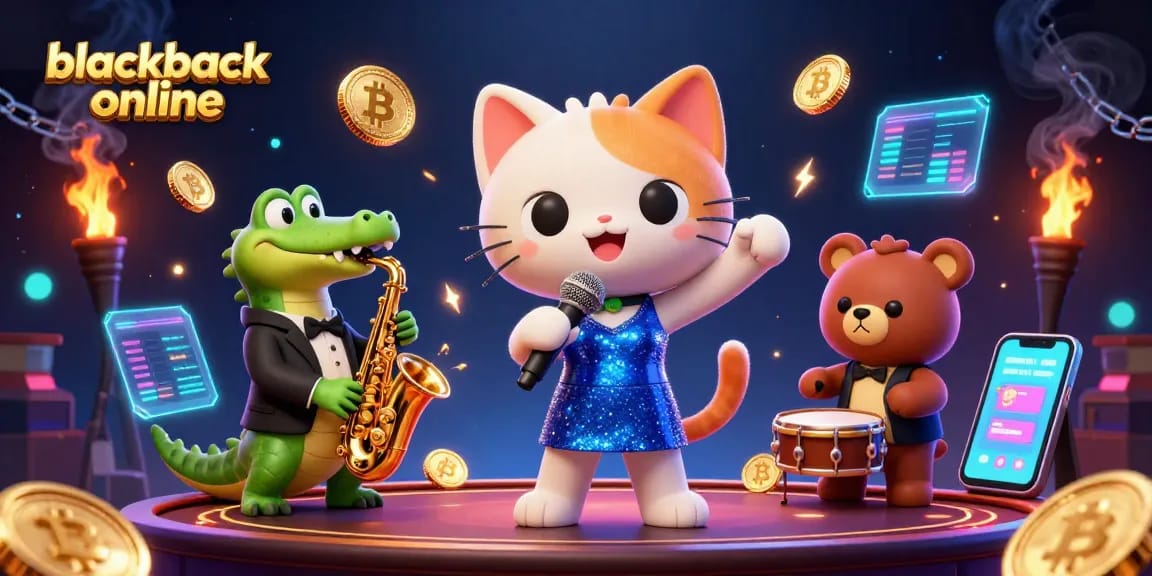 Experience vibrant blackjack online action featuring a jazzy trio surrounded by crypto elements.