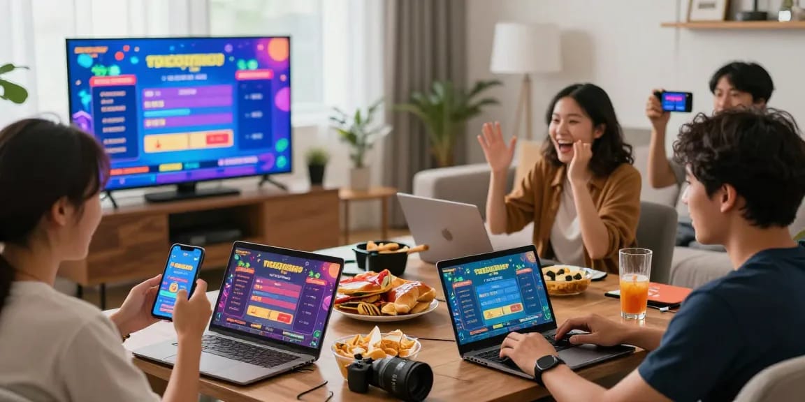 Situasi bermain togel online di LAZADATOTO dengan pemain antusias di ruang tamu modern.