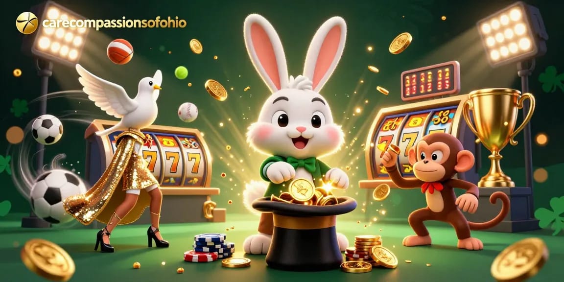 Engage with carecompanionsofohio's dynamic gaming scene featuring a magician rabbit amidst golden coins and lively slots.