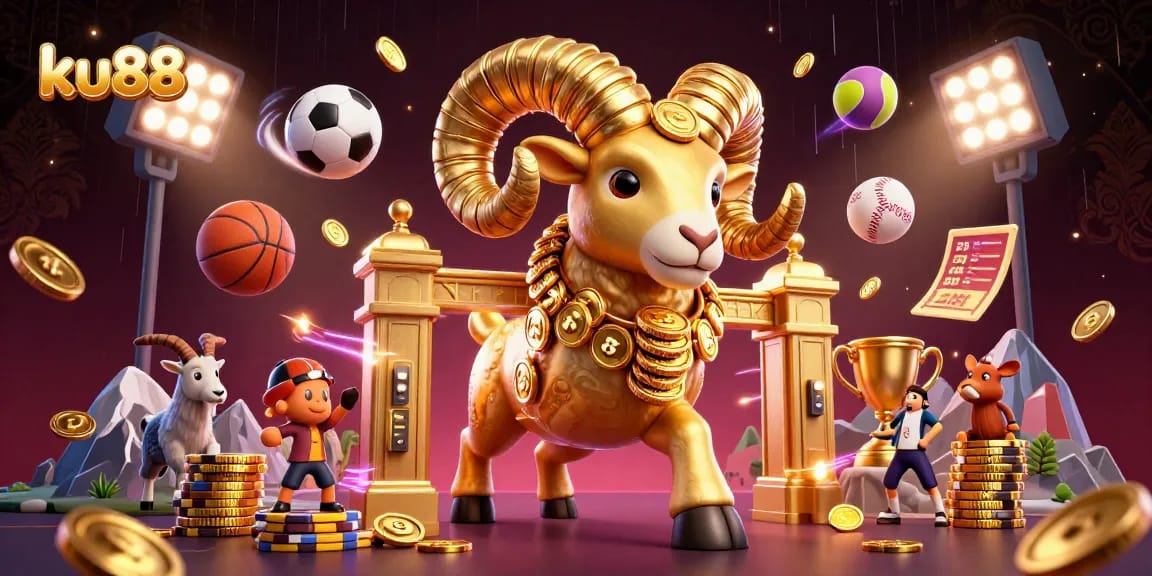 ku88 showcases a dynamic 3D casino scene with a golden ram charging through golden gates amid sports elements.