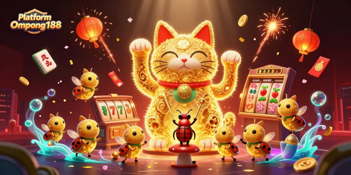 Permainan slot di platform Ompong188 dengan kucing keberuntungan dan simbol kasino bersinar dalam 3D.