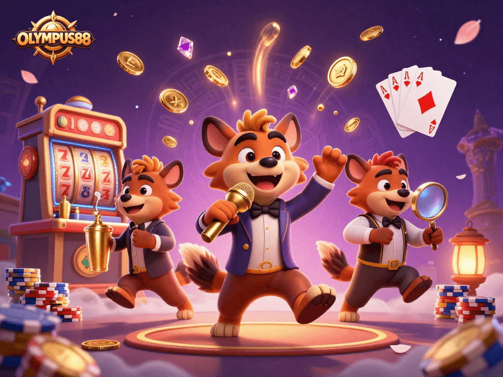 Experience the thrill of OLYMPUS88 with vibrant 3D cartoon hyenas in a lively casino atmosphere.