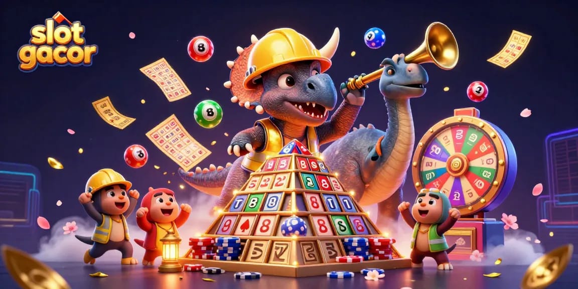 Slot gacor menyajikan triceratops membangun tumpukan chip poker dikelilingi elemen kasino yang berkilau.