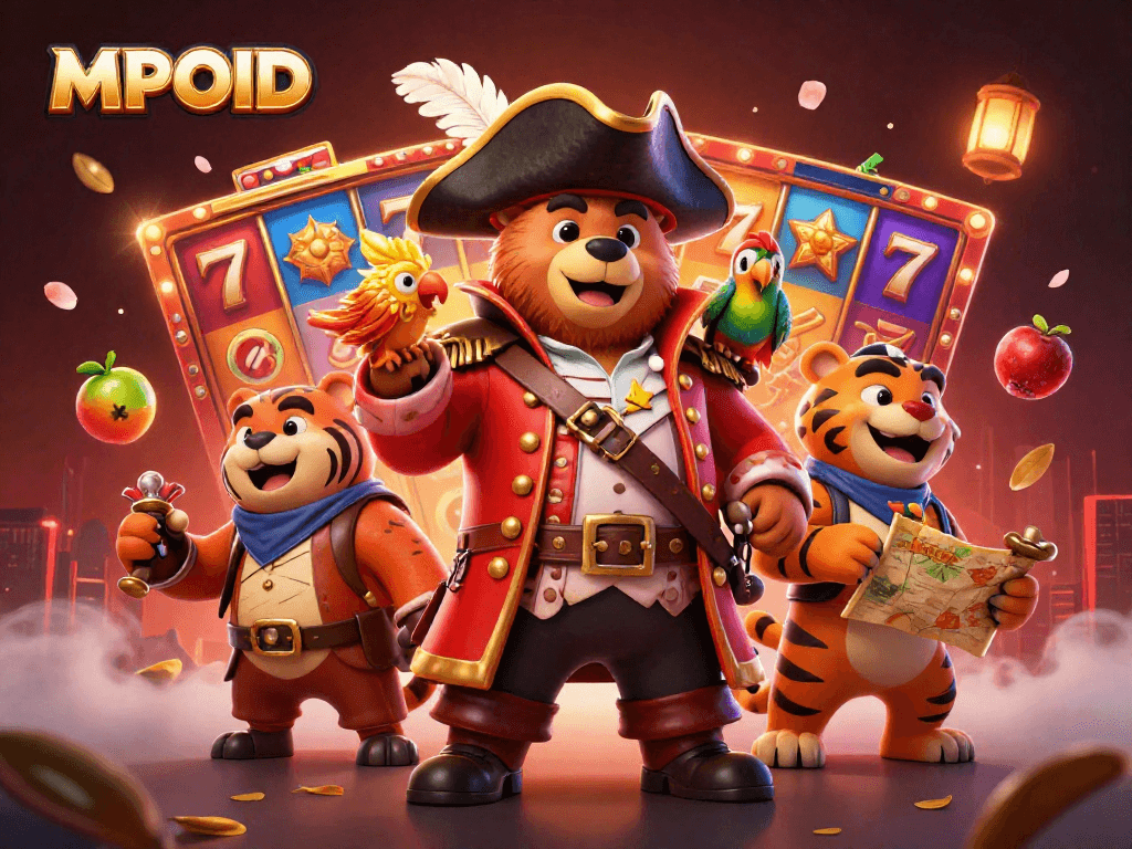 MPOID showcases exhilarating slot adventures with a pirate captain bear, tiger, and golden parrot in a vibrant scene.