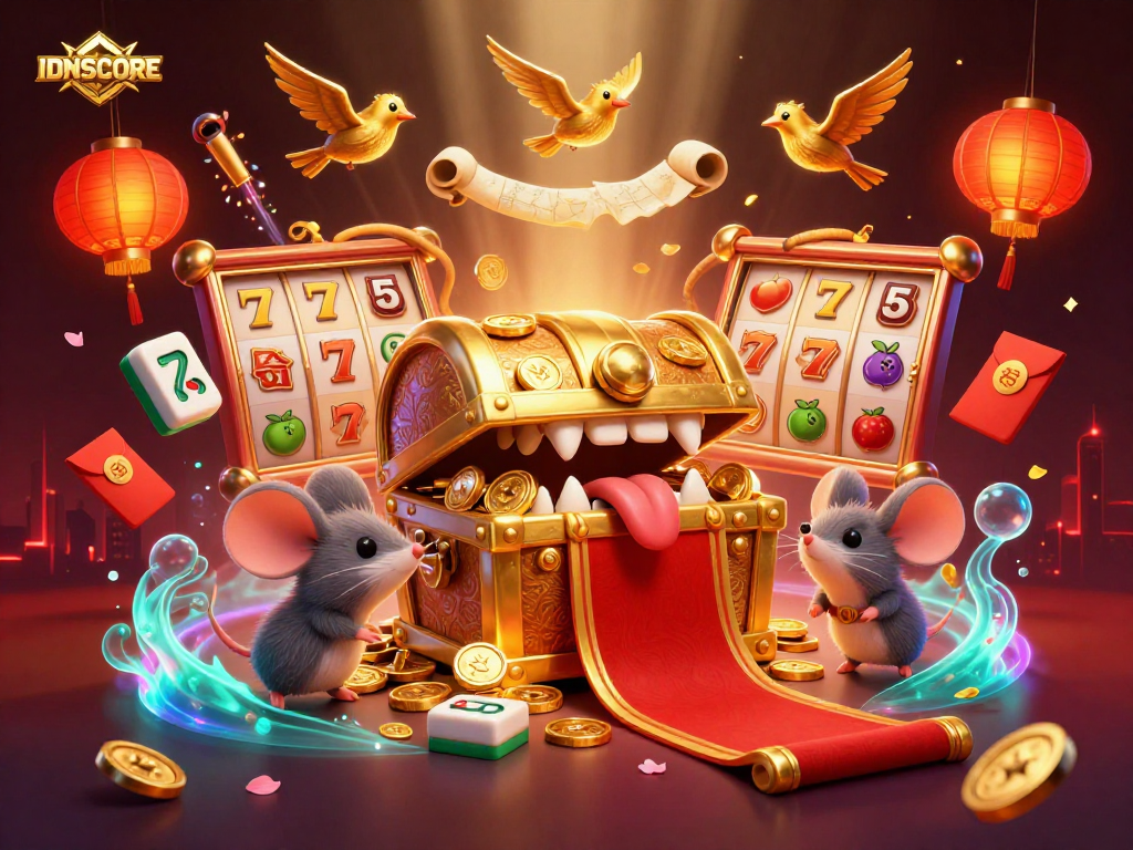 IDNSCORE offers thrilling online casino experiences with vibrant slot games, treasure chests, and glowing cityscapes.