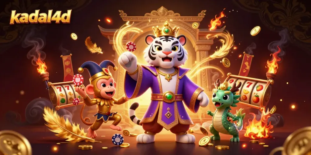 KADAL4D showcases a lively 3D cartoon scene with a tiger, a monkey juggling poker chips, and a jade dragon amidst slot reels and gold coins.