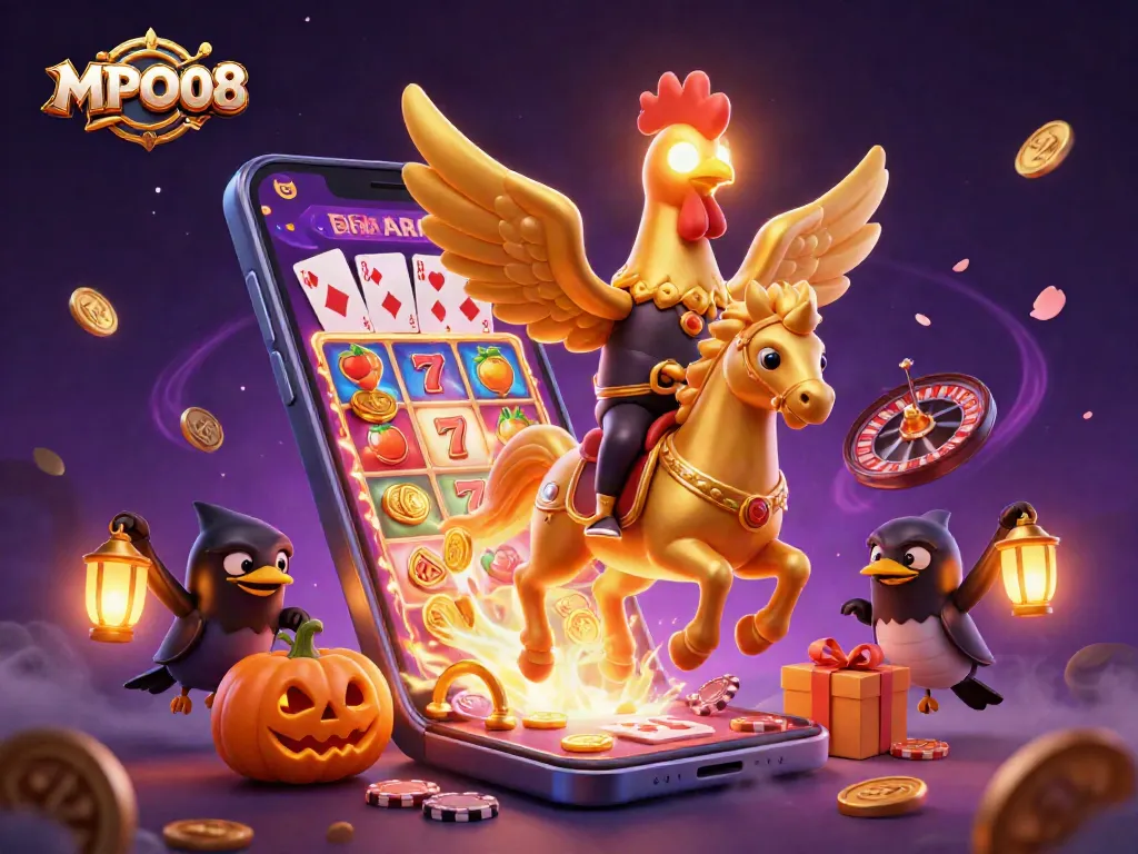 MPO08 golden rooster headless horseman with pumpkin-headed crows in a vibrant casino setting.