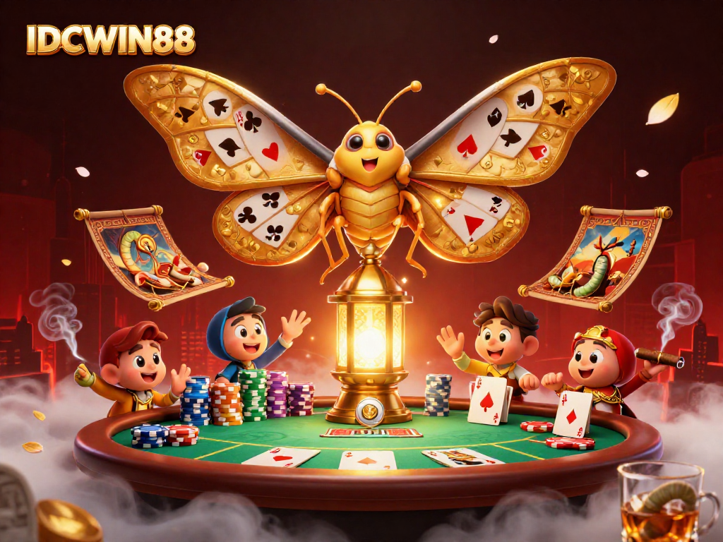 Engage with IDCWIN88 as golden-winged moths illuminate poker scenes in this vibrant casino illustration.