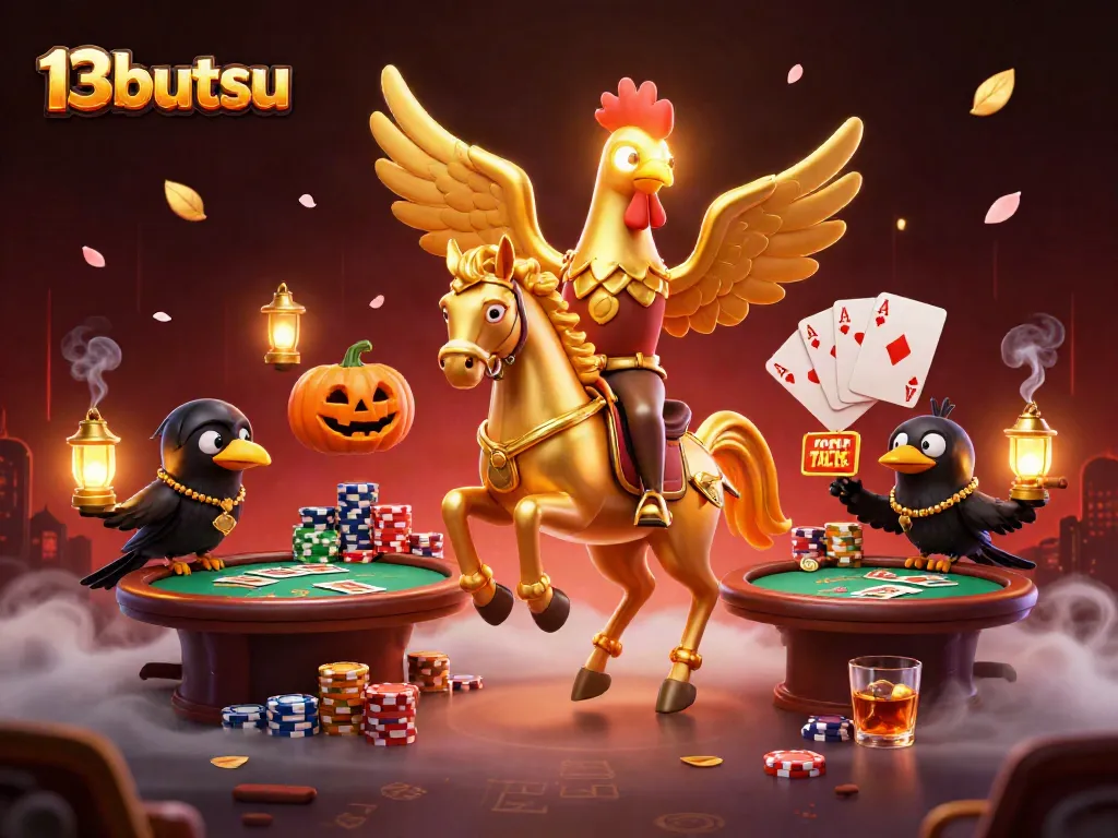 Experience thrilling gameplay at 13butsu with dynamic casino elements including poker chips and glowing characters.