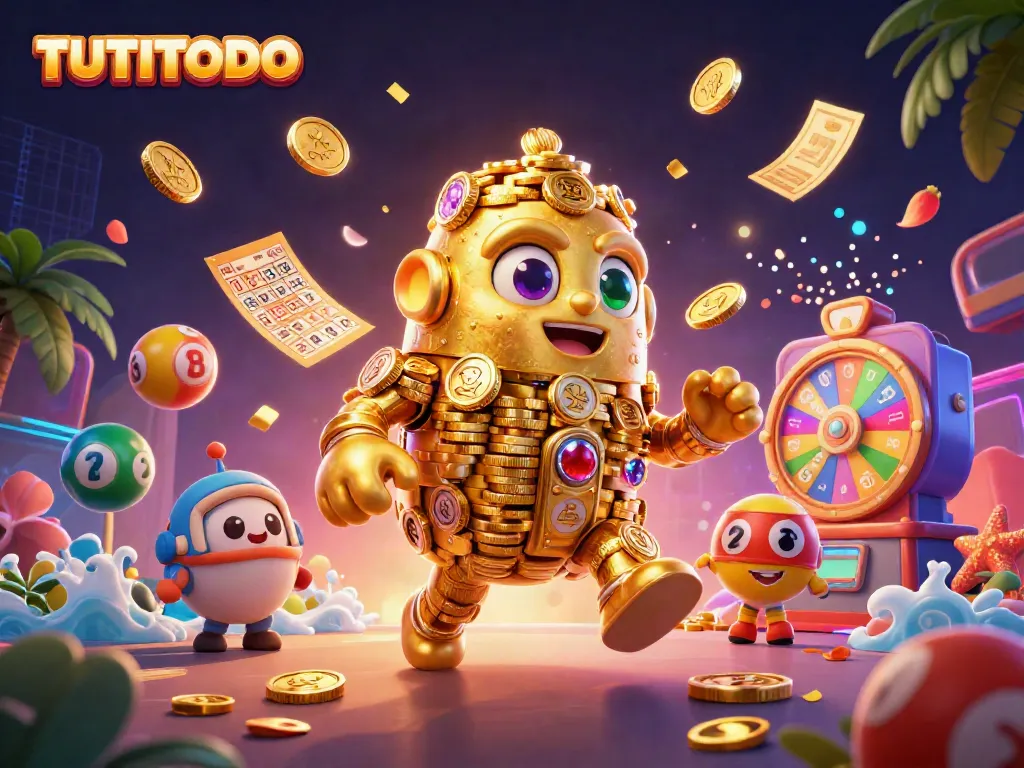 Engage with TUTITOTO's interactive gaming experience featuring a golden golem and lively lottery elements.