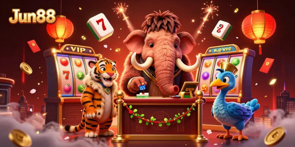 Join the vibrant casino world of Jun88 with a woolly mammoth bouncer and a saber-tooth VIP guest.