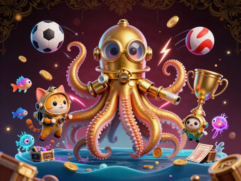 Engage in thrilling gaming with hb88, featuring a colossal kraken and diving cat in a vibrant underwater scene.