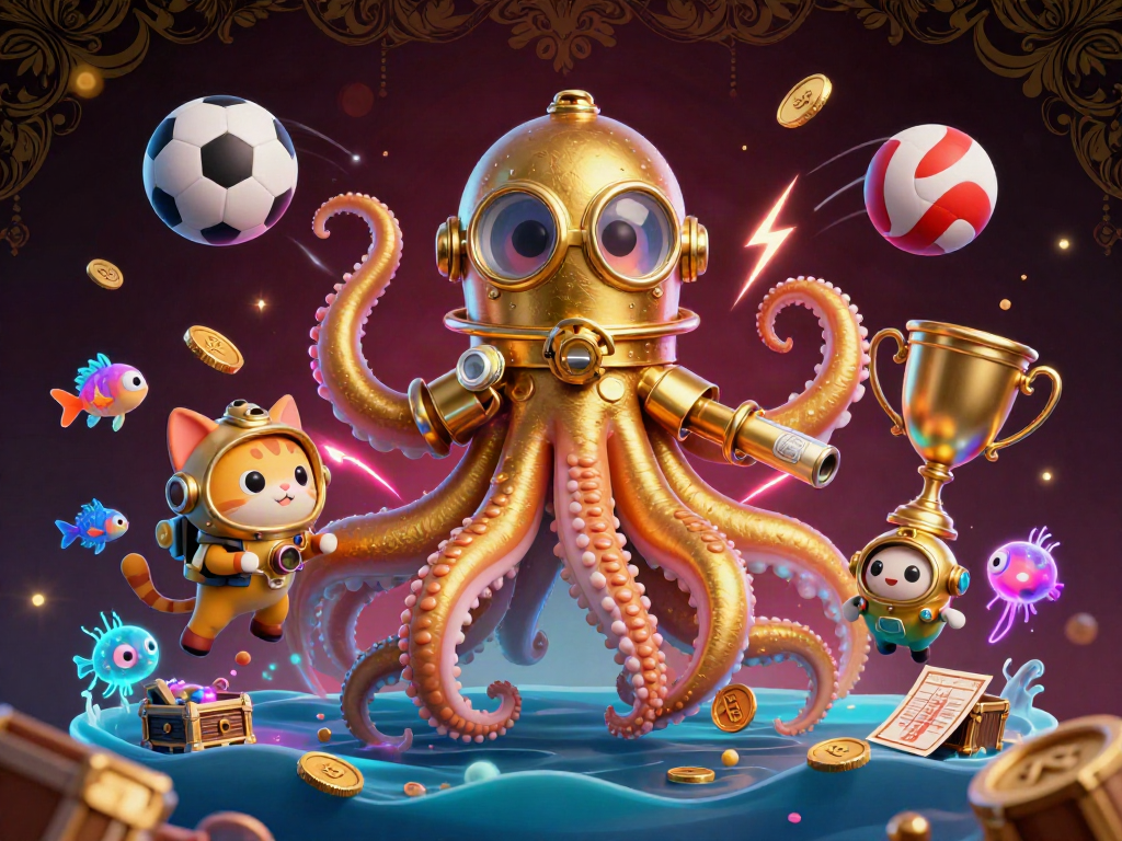 Engage in thrilling gaming with hb88, featuring a colossal kraken and diving cat in a vibrant underwater scene.
