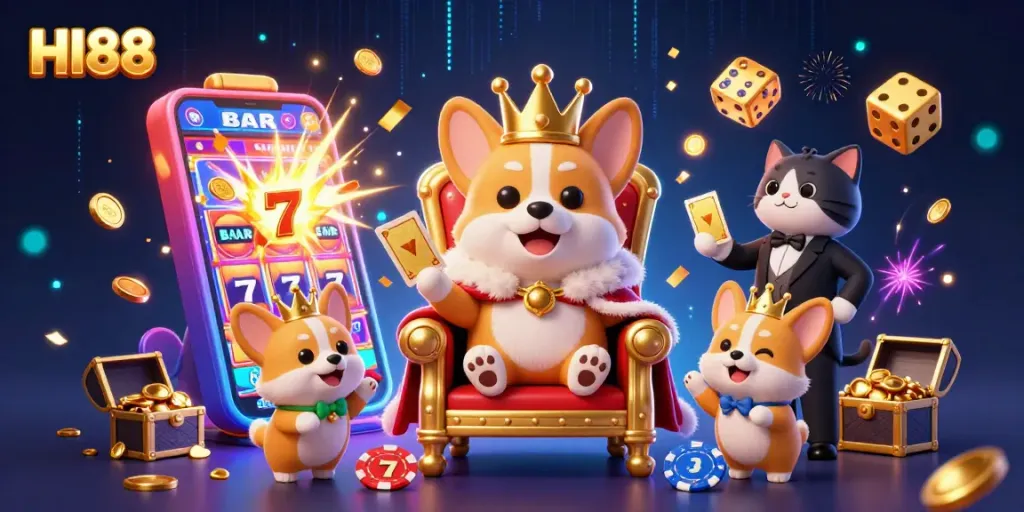 Spin the reels at HI88, where a royal corgi greets you amidst a dazzling casino scene.