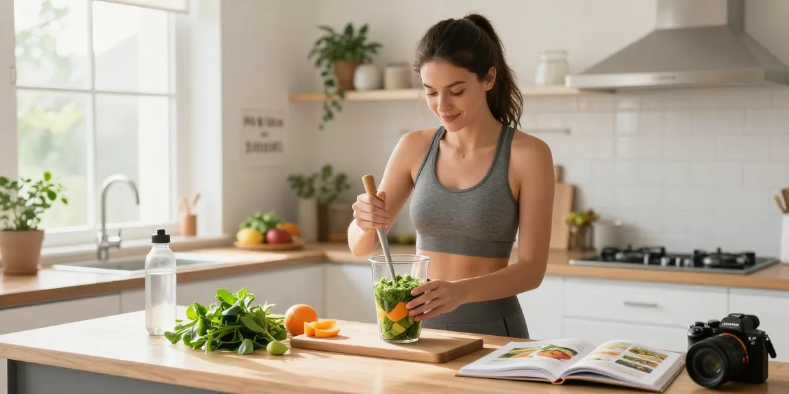 Young woman blending a smoothie in a bright kitchen, showcasing healthy living and wellness; read more about nutritious recipes.