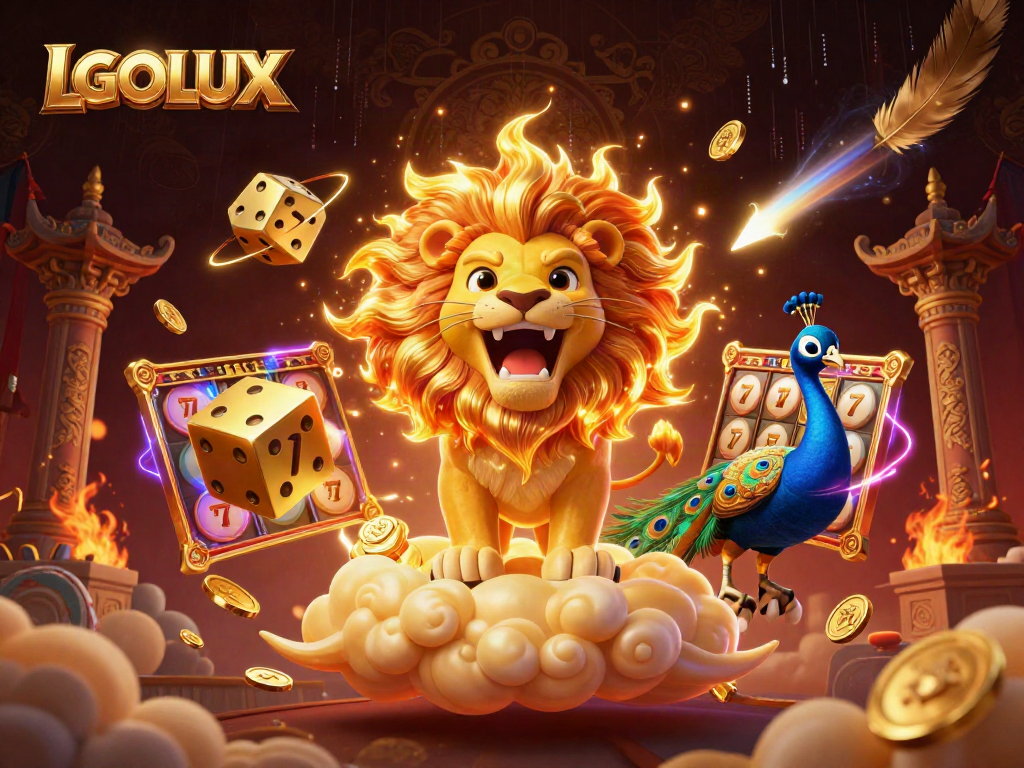 Experience the excitement of LGOLUX with a majestic 3D lion symbolizing triumph amidst golden casino elements.