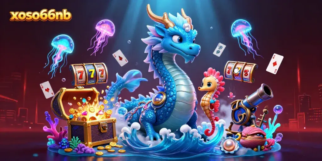 Experience the thrills of xoso66nb with a dynamic scene featuring a majestic azure water dragon and coral knight amidst vibrant gaming elements.