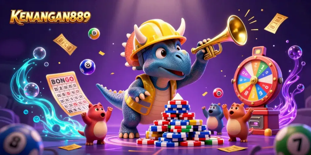 Winning with KENANGAN889: A lively scene of casino celebration featuring colorful lottery elements.