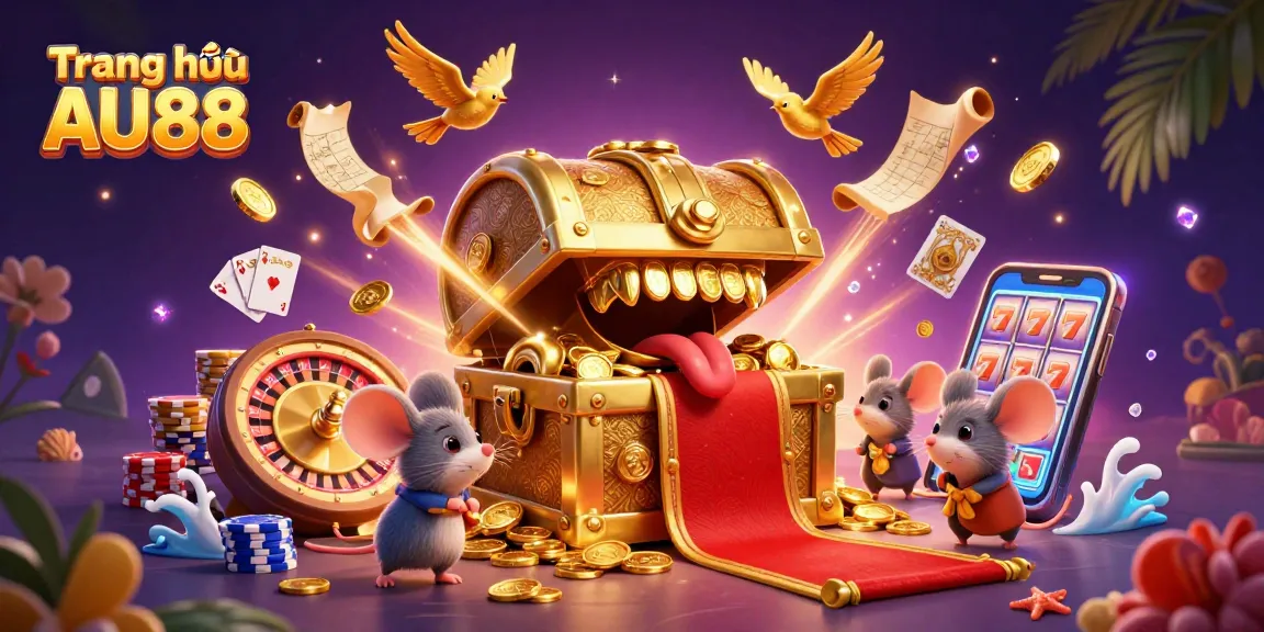 Experience wins on Trang chủ AU88 with a golden treasure chest, cascading coins, and vibrant casino elements.